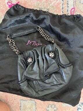 Betsey Johnson Black Ruched Leather Mini Bag with Chain Handle